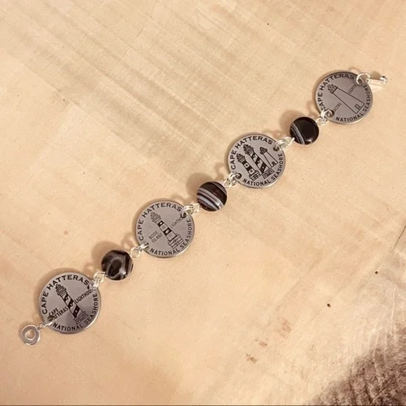 Mixed Metal Lighthouse Black Agate Statement Bracelet 7.5β Travel Vacation - Picture 2 of 8